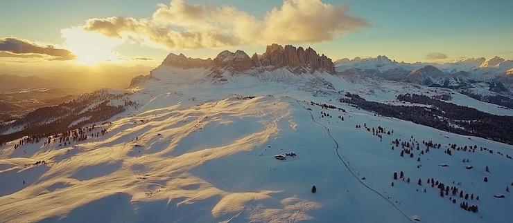 PSD paisaje de las montañas nevadas al atardecer