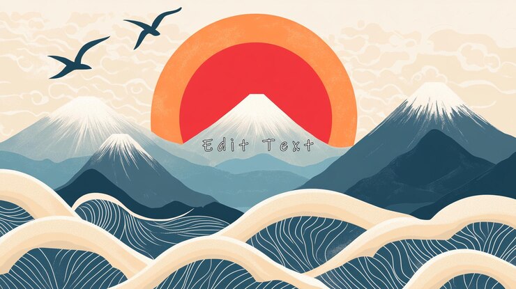 PSD paisaje montañoso japonés con el sol naciente y las olas del océano