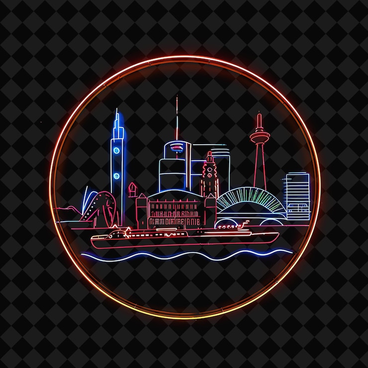 PSD paisaje de neón radiante de hamburgo dentro de una silueta paisaje oval png y2k monolina paisaje urbano arte de collage