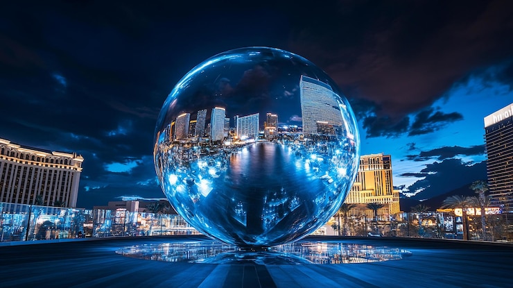 PSD paisaje nocturno de la ciudad reflejado en una gran esfera clara
