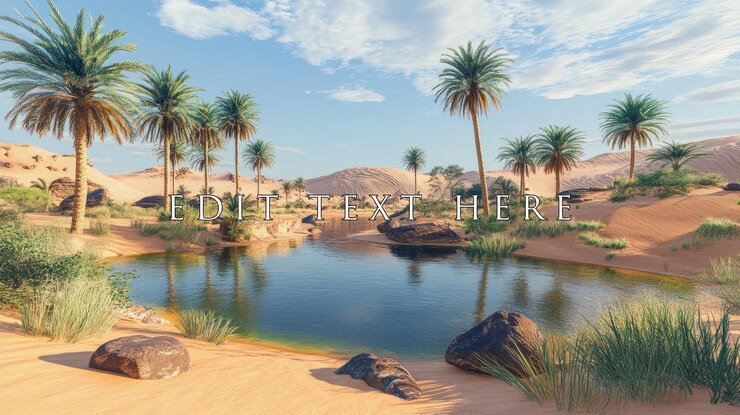 PSD paisaje de oasis con palmeras, agua clara y dunas de arena bajo un cielo azul.