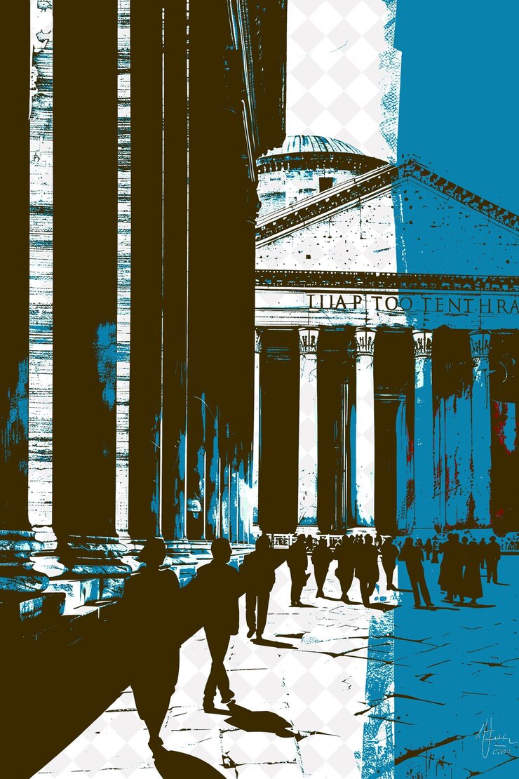 PSD paisaje del panteón con un grupo de personas en la plaza e italia cultura diseño de ilustraciones