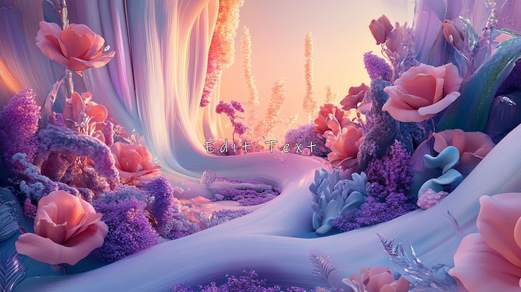 PSD paisaje pastel surrealista con flores y formas que fluyen