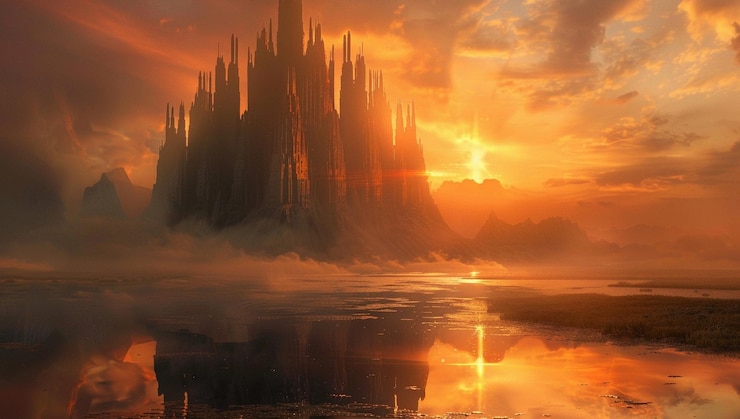 PSD paisaje de planeta alienígena con un castillo oscuro gigante en la distancia el sol poniéndose detrás