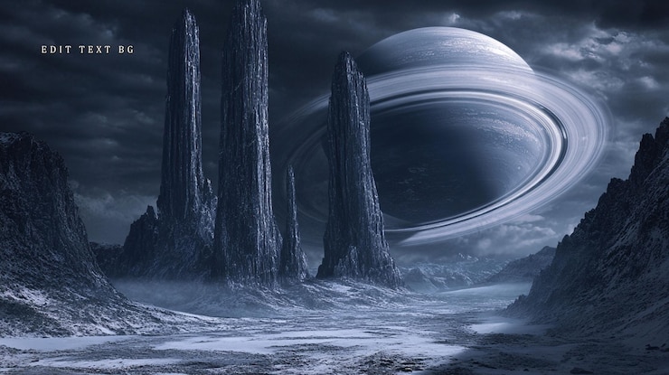 PSD paisaje de planeta alienígena con planeta anillado y formaciones rocosas altas
