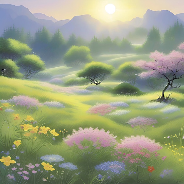 PSD paisaje de prado de flores silvestres de primavera con un estilo tradicional japonés