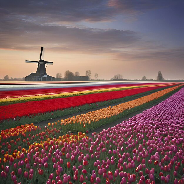 PSD paisaje rural de los campos de tulipanes holandeses