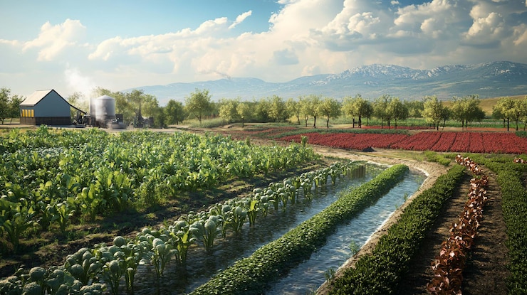 PSD paisaje rural escénico con cultivos de verduras, canales de riego y edificios agrícolas bajo un cielo parcialmente nublado