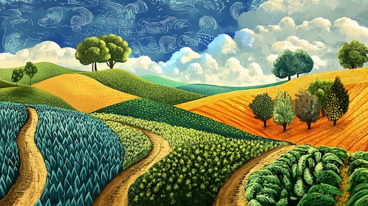 PSD un paisaje rural idílico con senderos sinuosos a través de campos coloridos y un cielo caprichoso lleno de constelaciones