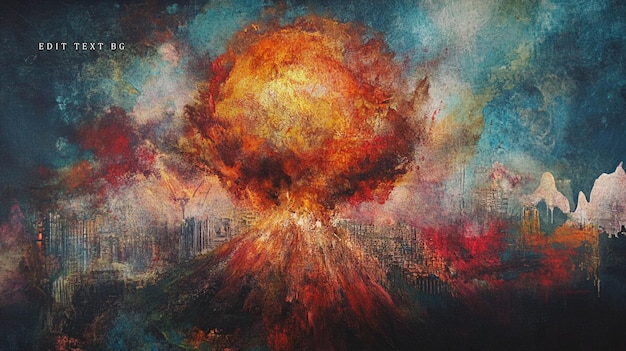 Paisaje urbano apocalíptico consumido por una ardiente explosión nuclear representado en un estilo pictórico dramático