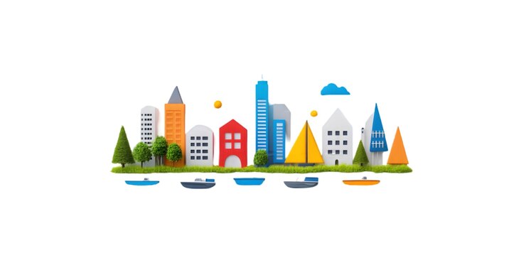 PSD paisaje urbano de arte de papel colorido con edificios, árboles y barcos aislados sobre un fondo blanco