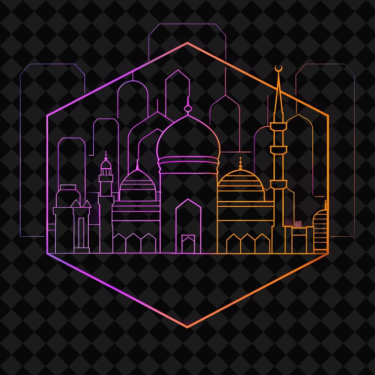 PSD el paisaje urbano de bagdad de neón radiante dentro de una silueta hexagonal png y2k monoline cityscape collage art