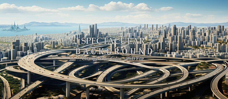 PSD paisaje urbano con complejos cruces de carreteras y horizonte de la ciudad