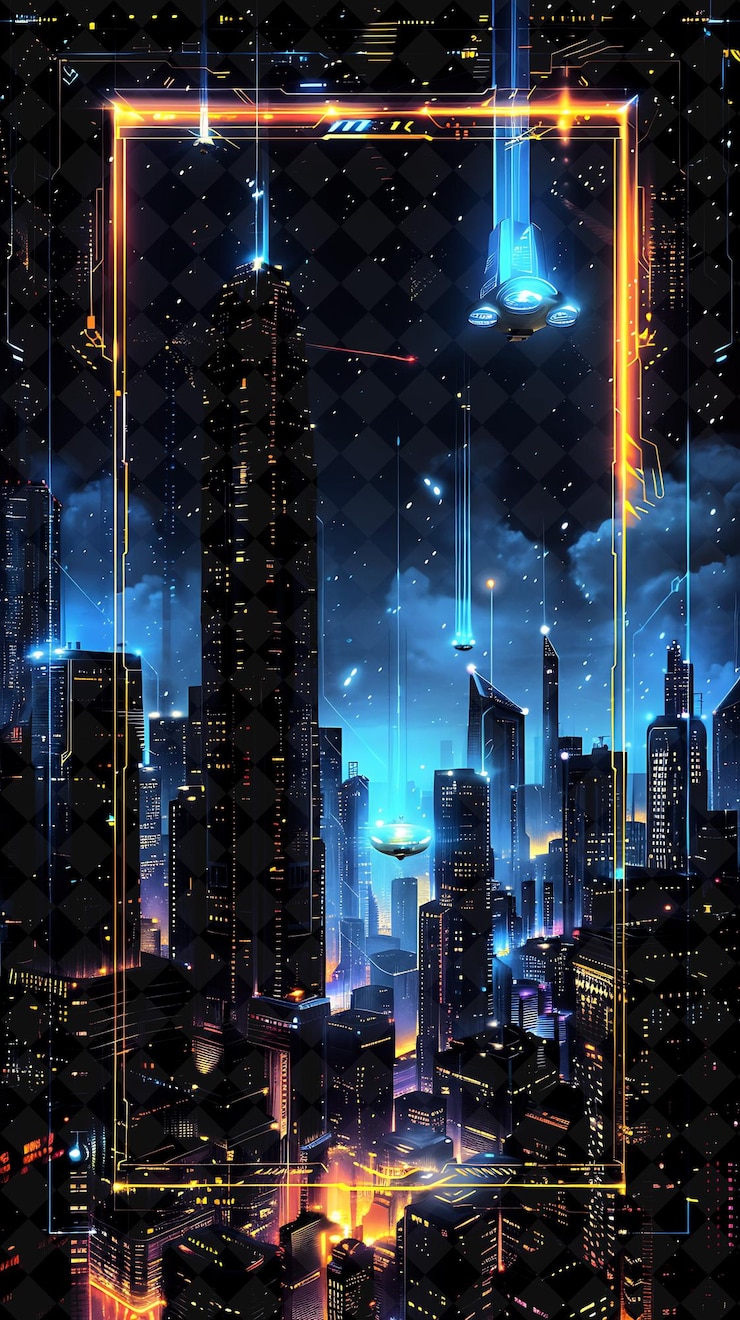 PSD paisaje urbano futurista marco arcano con rascacielos altos marco de color neón colección de arte y2k