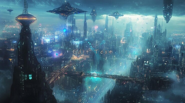 PSD paisaje urbano futurista de noche con vehículos voladores