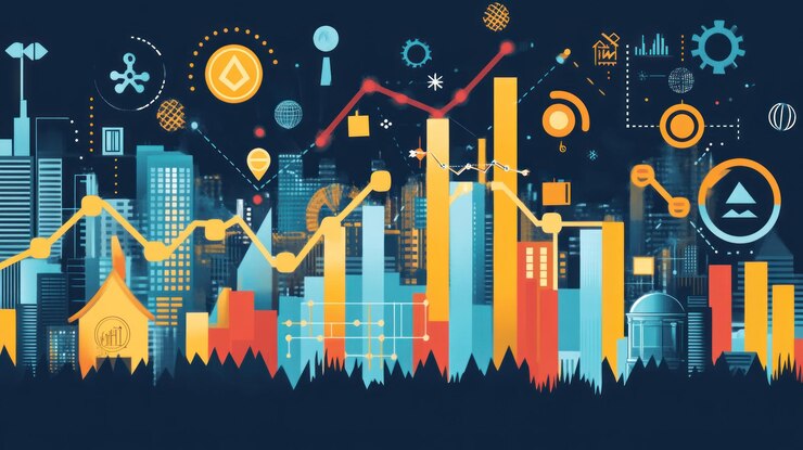PSD paisaje urbano con gráficos de crecimiento financiero e íconos digitales