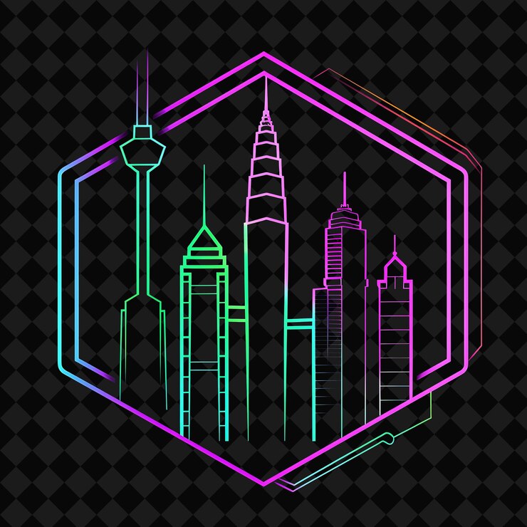 PSD el paisaje urbano de kuala lumpur con neón brillante dentro de una silueta hexa png y2k monoline cityscape collage art