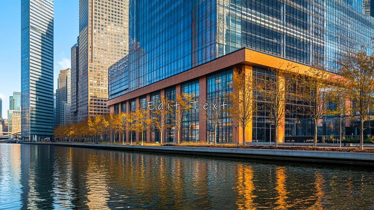 PSD paisaje urbano moderno con edificios frente al mar y árboles de otoño que se reflejan en el agua tranquila