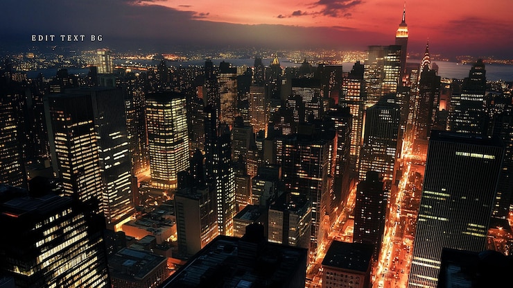 PSD paisaje urbano nocturno vista aérea de rascacielos iluminados y calles al atardecer