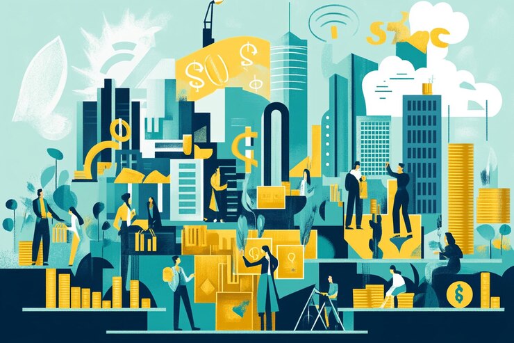 PSD paisaje urbano ocupado que ilustra la tecnología financiera y la sostenibilidad