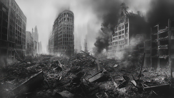 PSD paisaje urbano postapocalíptico una visión en blanco y negro de la destrucción
