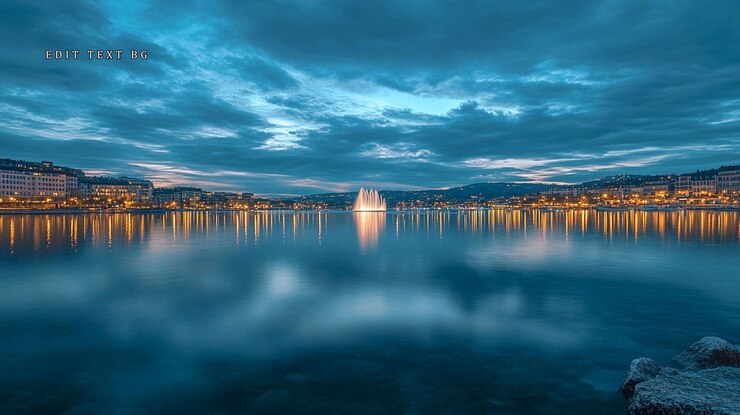 PSD paisaje urbano sereno del crepúsculo con una fuente iluminada reflejada en el agua tranquila