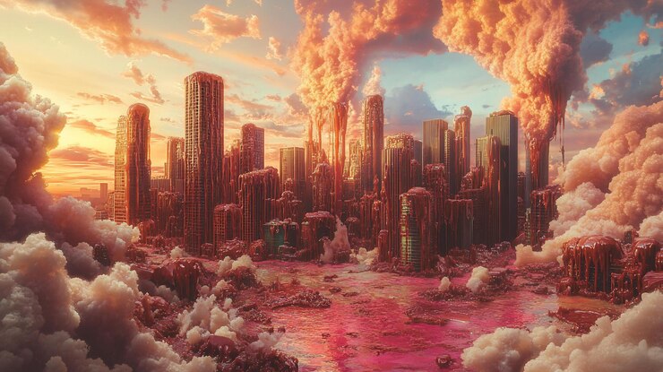 PSD el paisaje urbano surrealista del atardecer en las nubes rojo naranja tonos rosados arquitectura futurista fantasía de humo