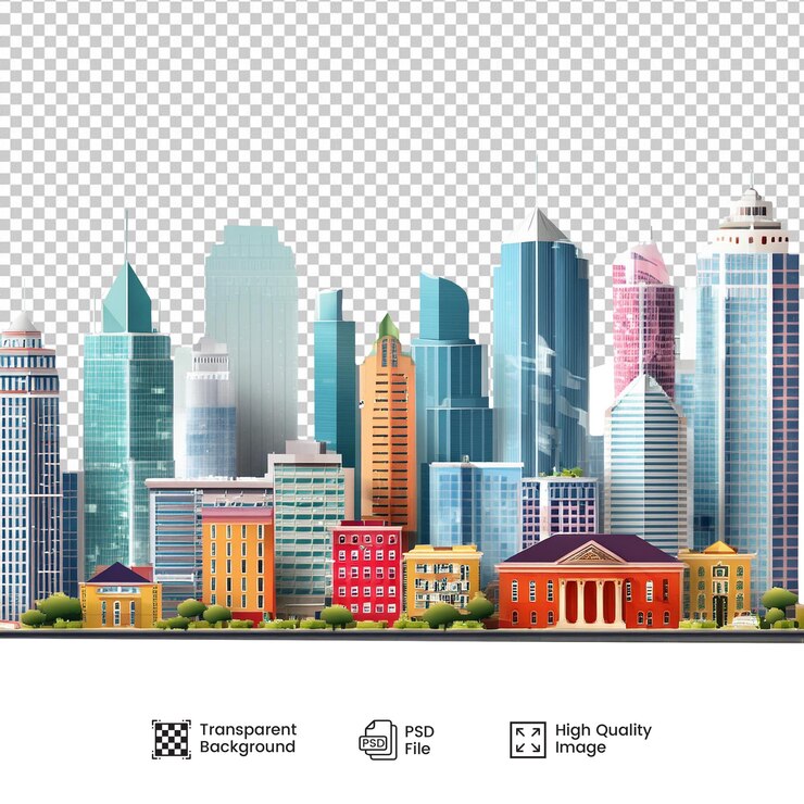 PSD un paisaje urbano vibrante con edificios altísimos de colores pastel