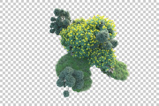 Paisaje verde aislado en la ilustración de representación 3d de fondo transparente