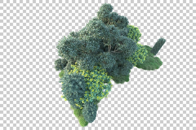 Paisaje verde aislado en la ilustración de representación 3d de fondo transparente
