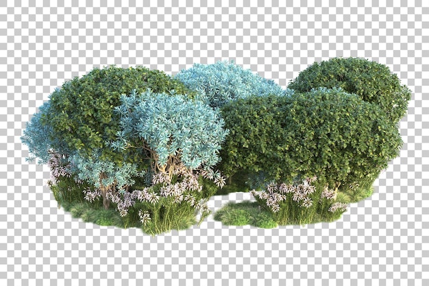 Paisaje verde aislado en la ilustración de representación 3d de fondo transparente