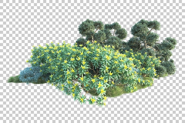 Paisaje verde aislado en la ilustración de representación 3d de fondo transparente