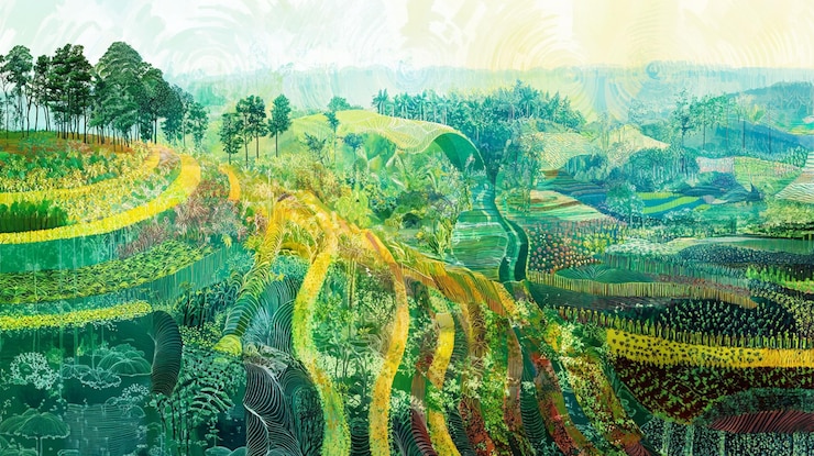 PSD un paisaje verde exuberante con colinas onduladas, campos y árboles representados en un estilo pictórico