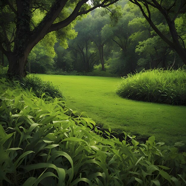 PSD un paisaje verde con el sol de la mañana