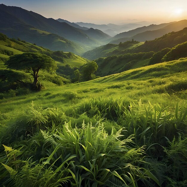 Un paisaje verde con el sol de la mañana