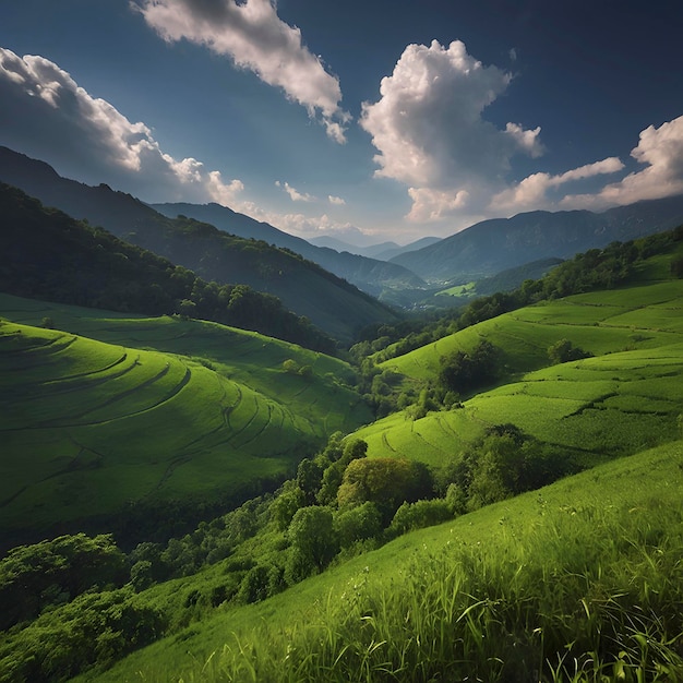 PSD un paisaje verde con el sol de la mañana