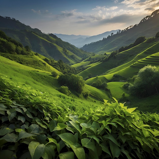 Un paisaje verde con el sol de la mañana