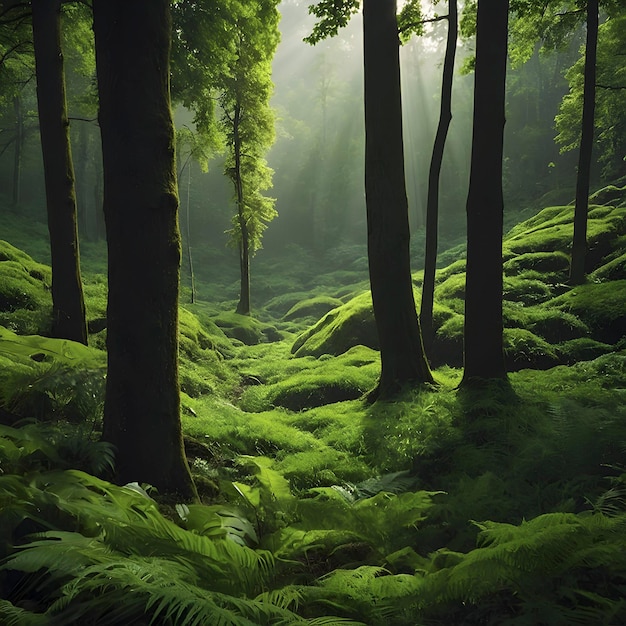 PSD un paisaje verde con el sol de la mañana