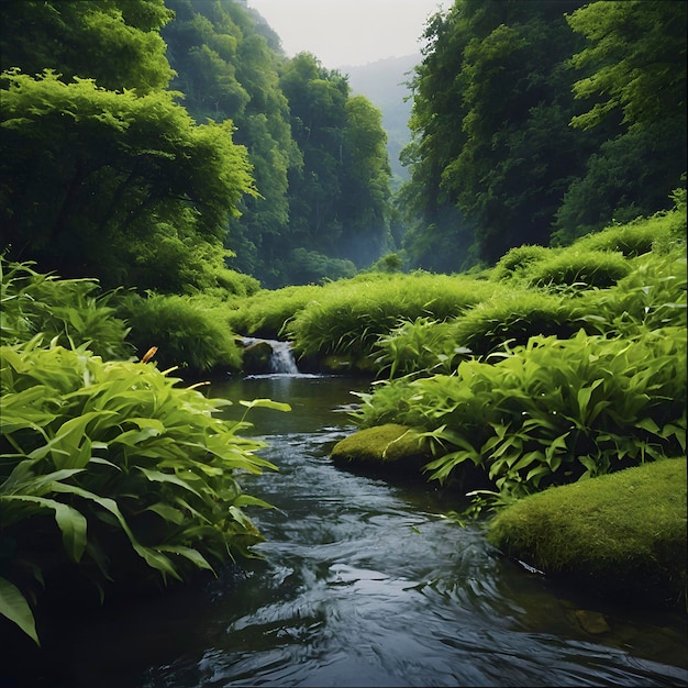 PSD un paisaje verde con el sol de la mañana