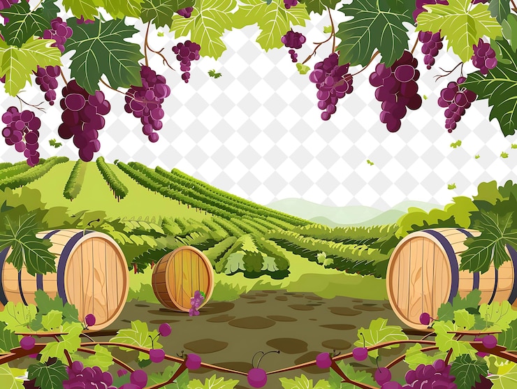 PSD paisaje de viñedo rústico con encantadores barriles de vino e ilustración de gra diseño de paisajes naturales