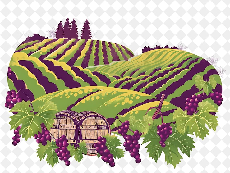 PSD paisaje de viñedo rústico con encantadores barriles de vino e ilustración de gra diseño de paisajes naturales