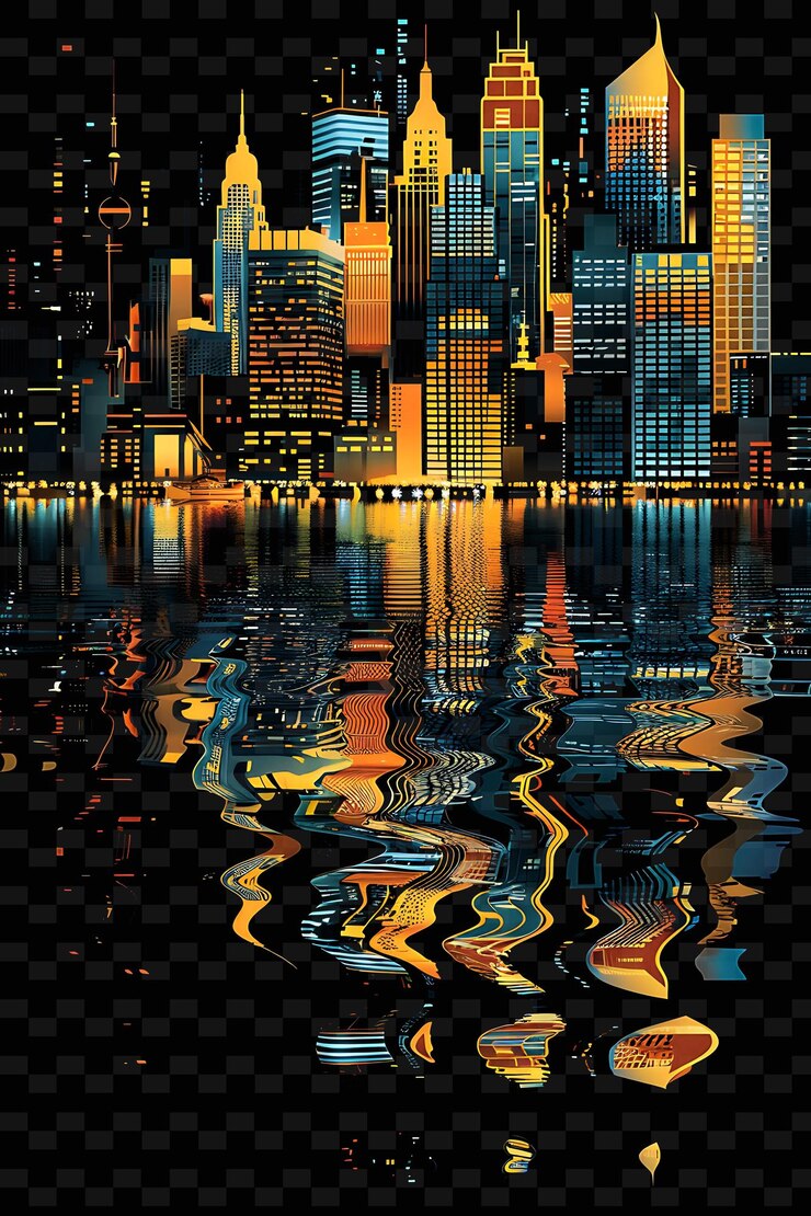 PSD los paisajes urbanos brillantes se reflejan en el agua las formas del paisaje urbano en y2k textura forma arte de decoración de fondo