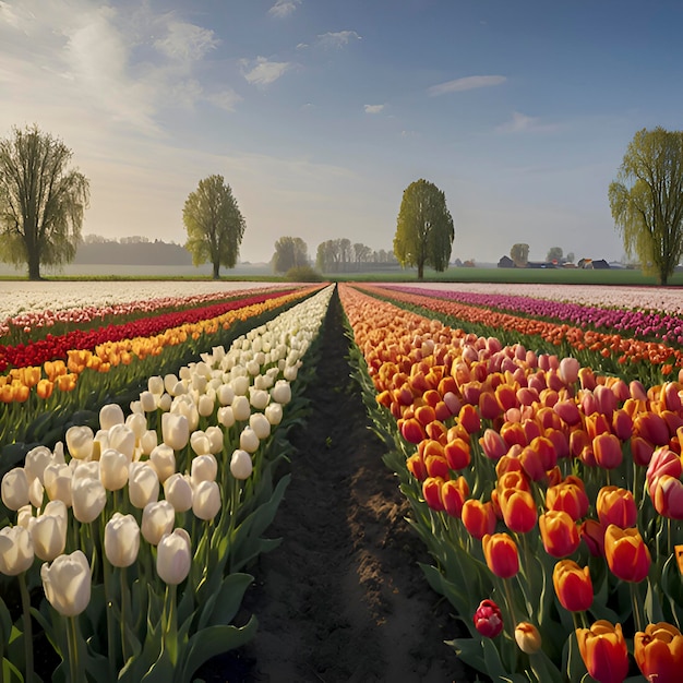 Países bajos campos rurales de tulipanes paisaje rural