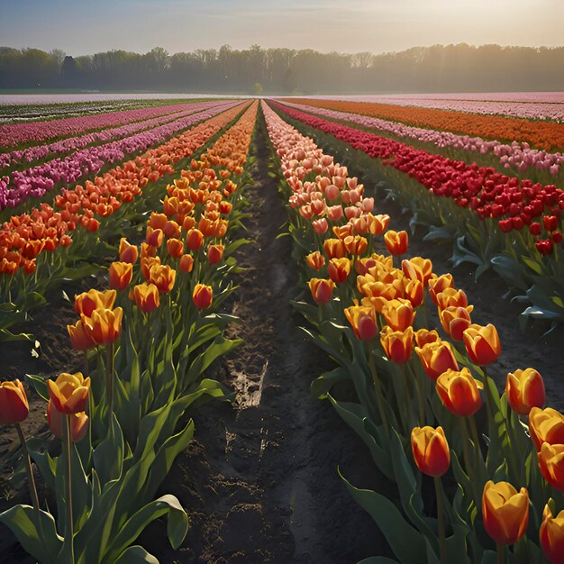 Países bajos campos rurales de tulipanes paisaje rural