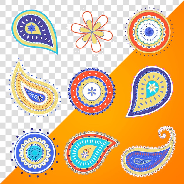 Paisley mandala adesivo png set di illustrazioni colorate tradizionali indiane