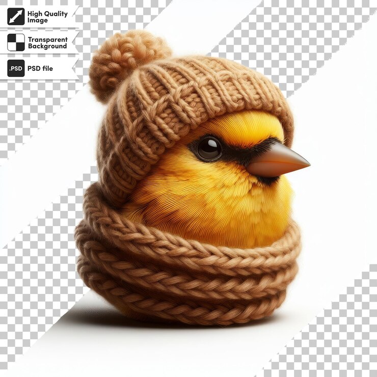 PSD un pájaro amarillo con un sombrero que dice bebé en él