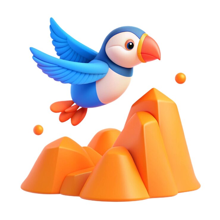 PSD un pájaro azul y blanco está en una pila de bloques de naranja