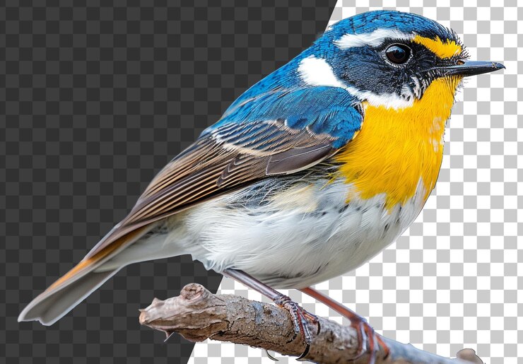 PSD un pájaro azul colorido con marcas amarillas y azules se alza en una rama sobre un fondo transparente.