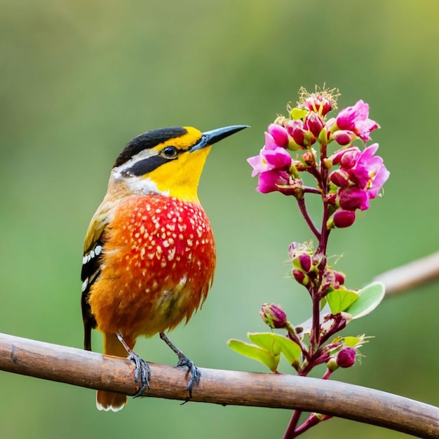 PSD un pájaro con cabeza amarilla y plumas rojas se sienta en una rama con una flor al fondo