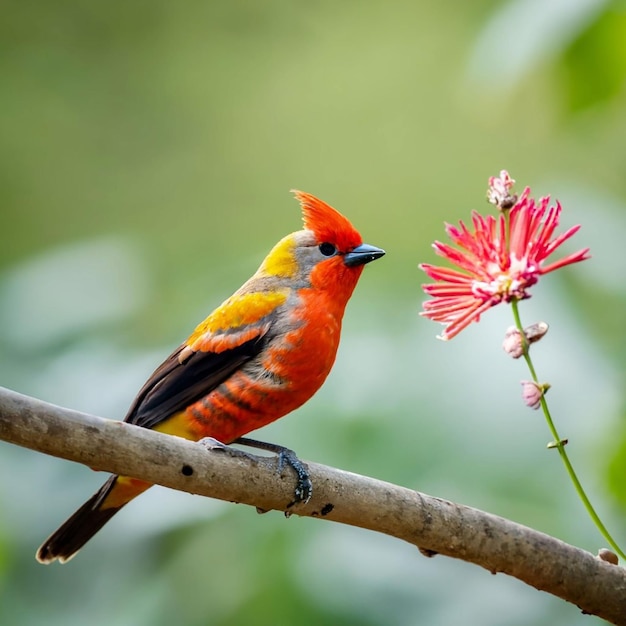 Un pájaro con cabeza amarilla y plumas rojas se sienta en una rama con una flor al fondo